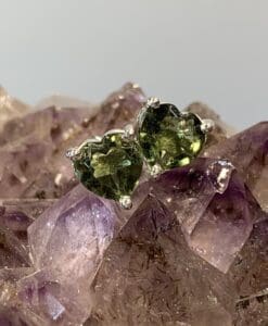 Moldavite (earrings) heart faceted studs (1.4g) healing crystal