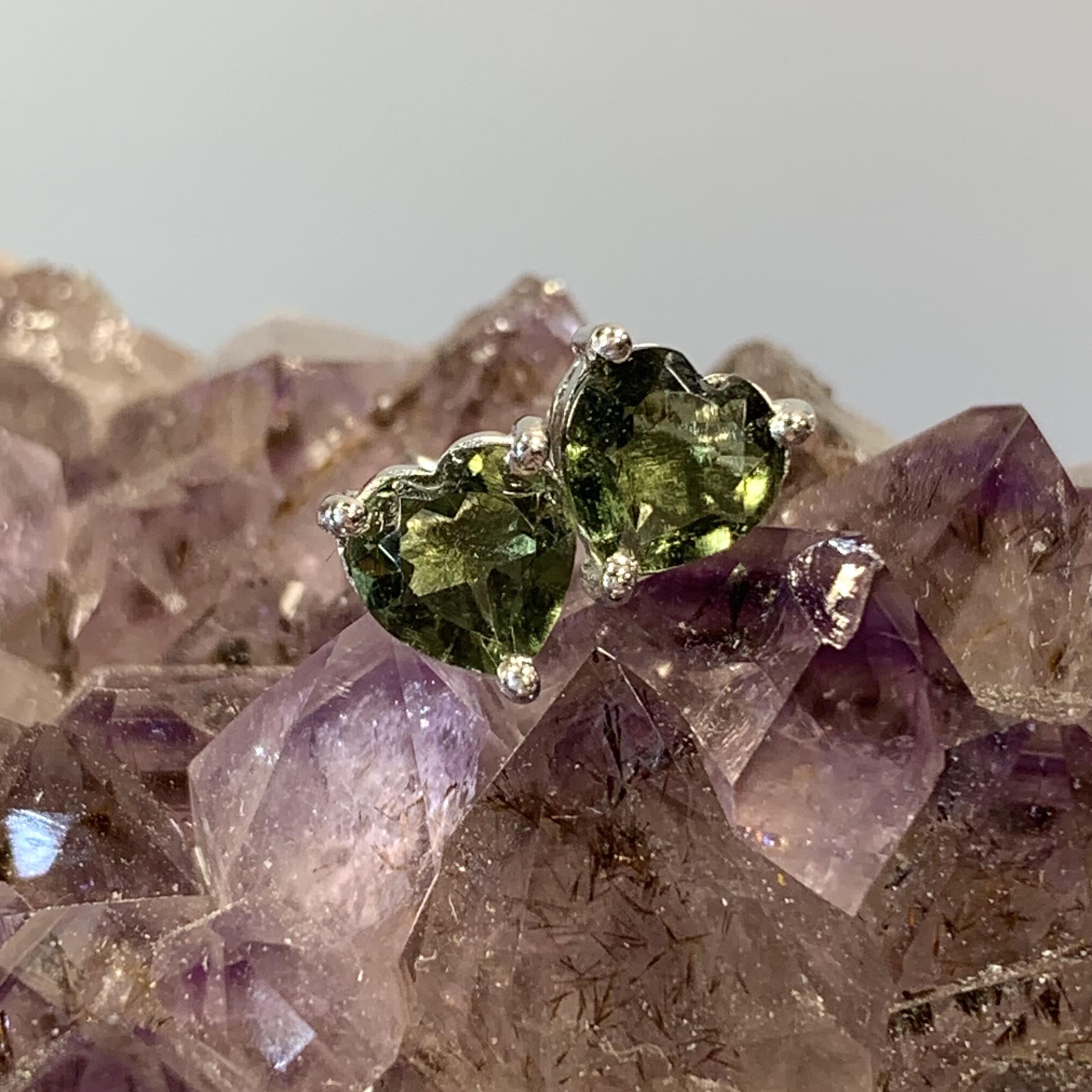 Moldavite (earrings) heart faceted studs (1.4g) healing crystal