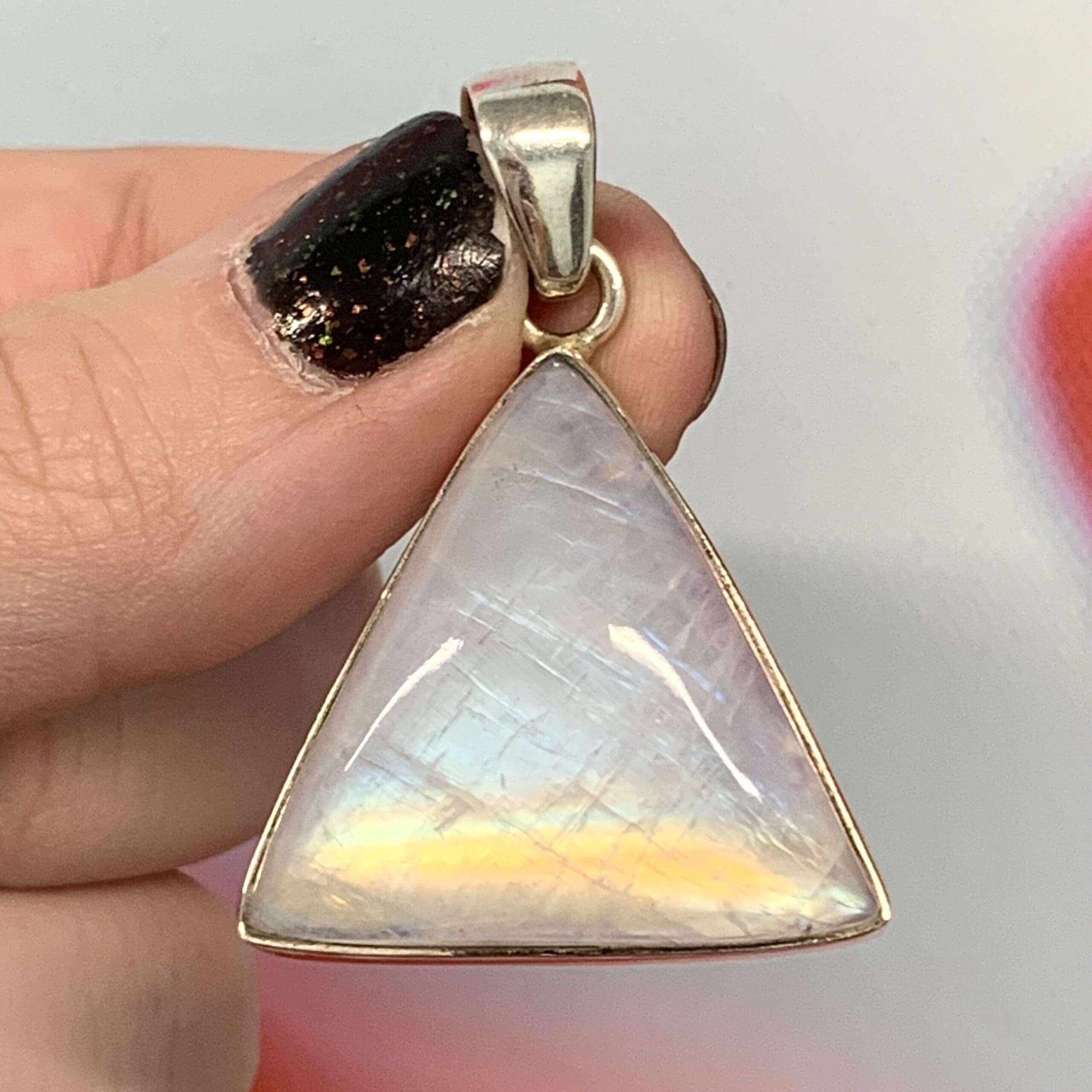 Moonstone (rainbow flash) triangular pendant for necklace, healing crystal