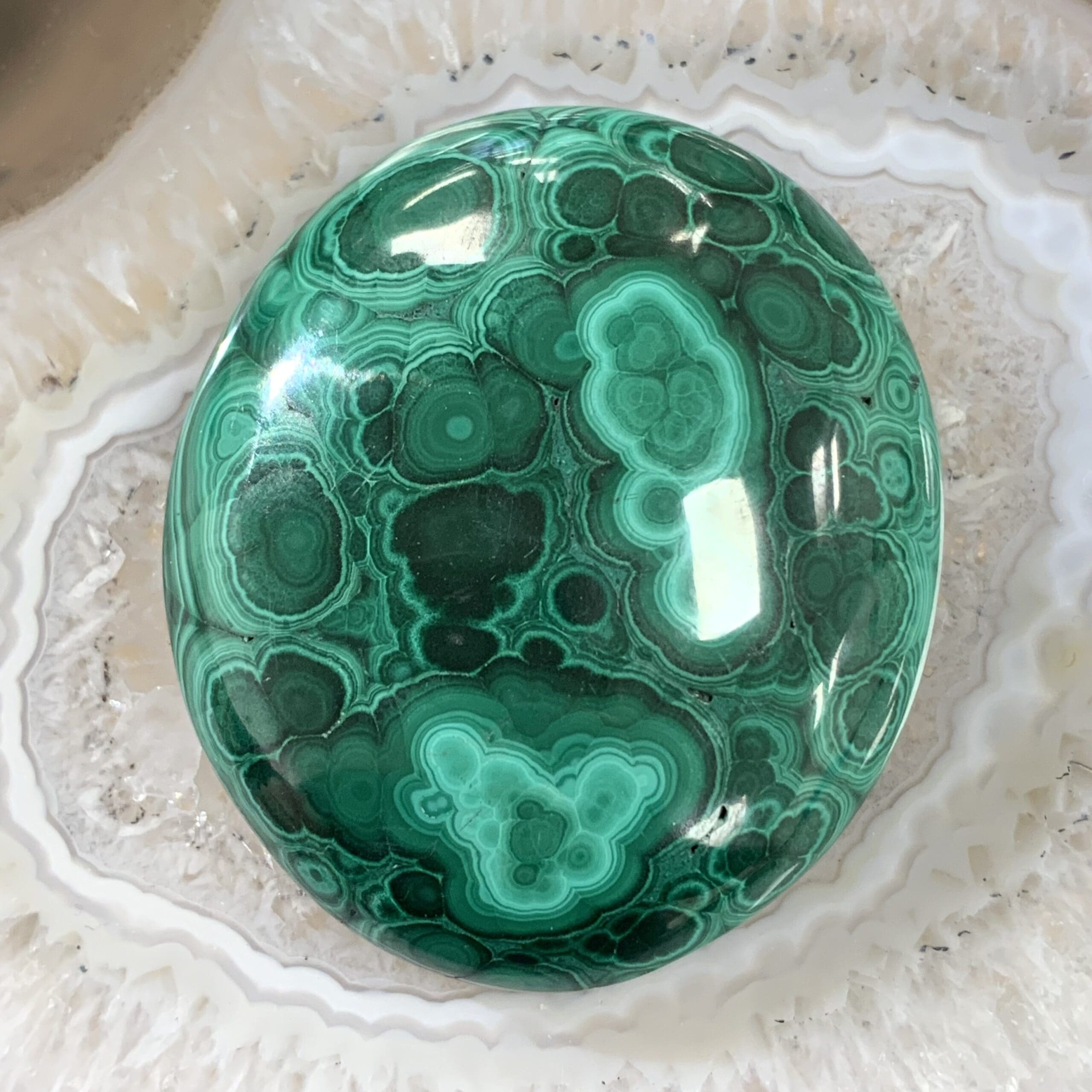 Malachite polished disc palm piece worry stone, healing crystal