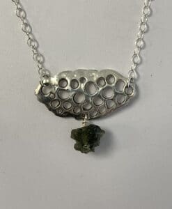Moldavite pendant (rough) bead w designer perforated Silver breastplate (4.6gr) w 18" attached chain