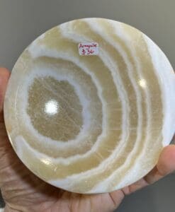 Aragonite 'bullseye' bowl, good size and pattern, soft healing crystal