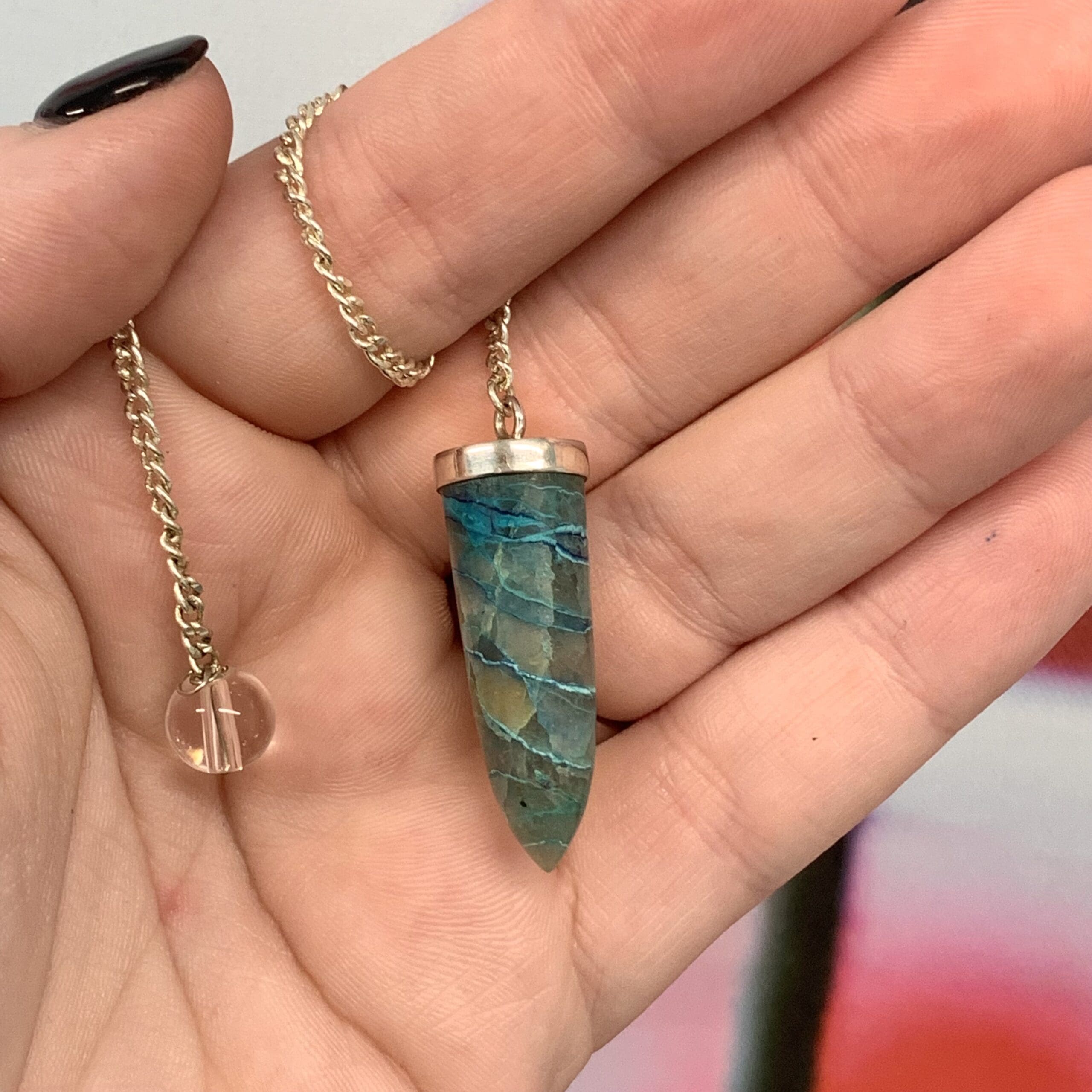 Chrysocolla Quartz pendulum Sterling capped healing crystal - Image 2