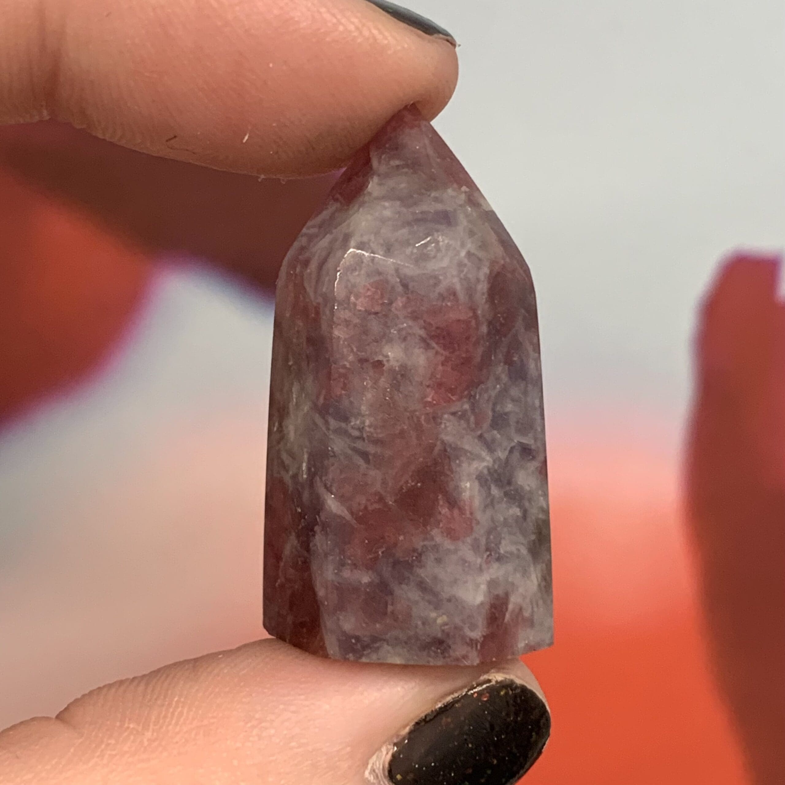 Lepidolite with Pink Tourmaline, standing obelisk point healing crystal