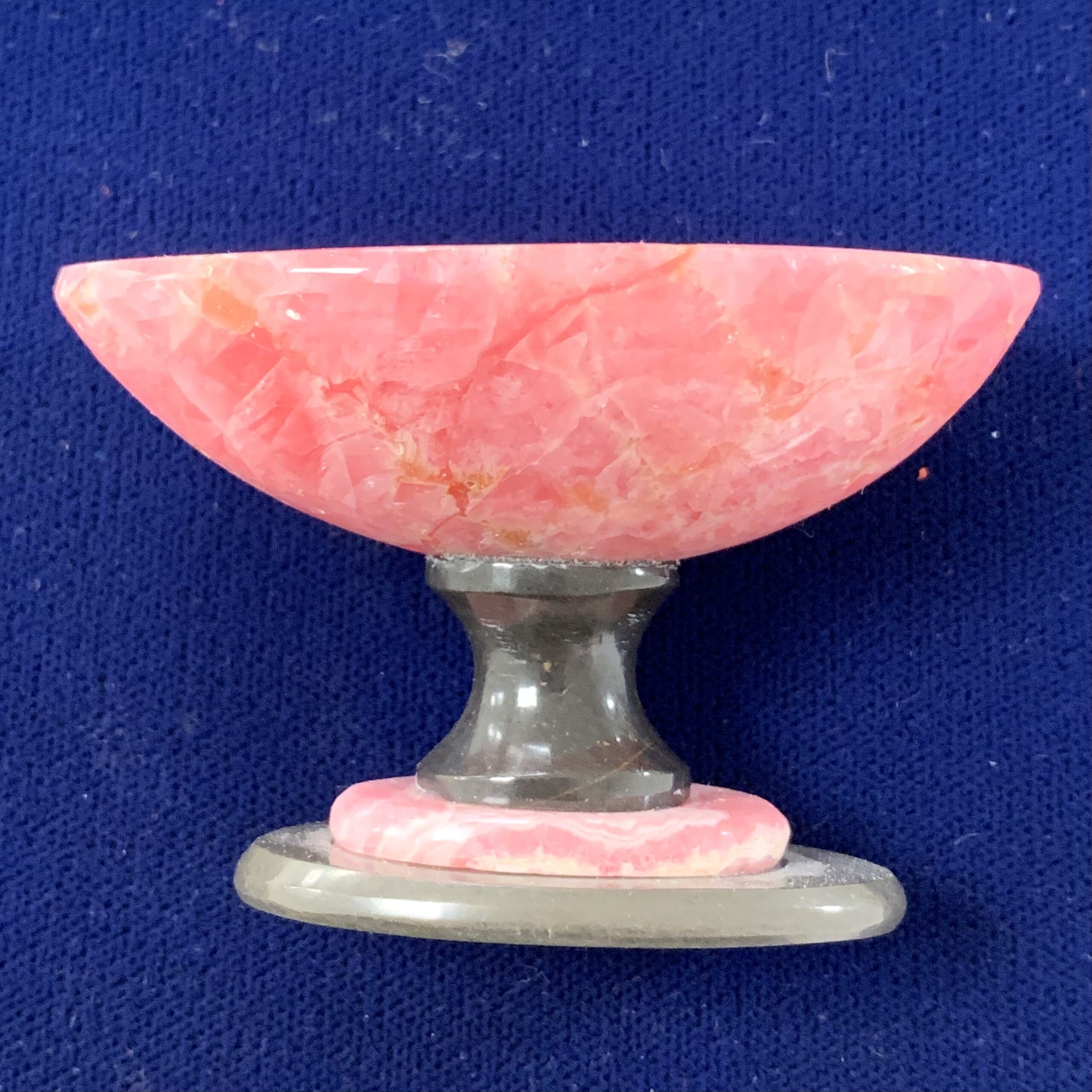 Rhodochrosite gemmy oval bowl w/ Basalt base healing crystal - Image 6