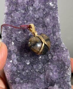 Chiastolite pendant for necklace, heart yellow GF wrapped, healing crystal