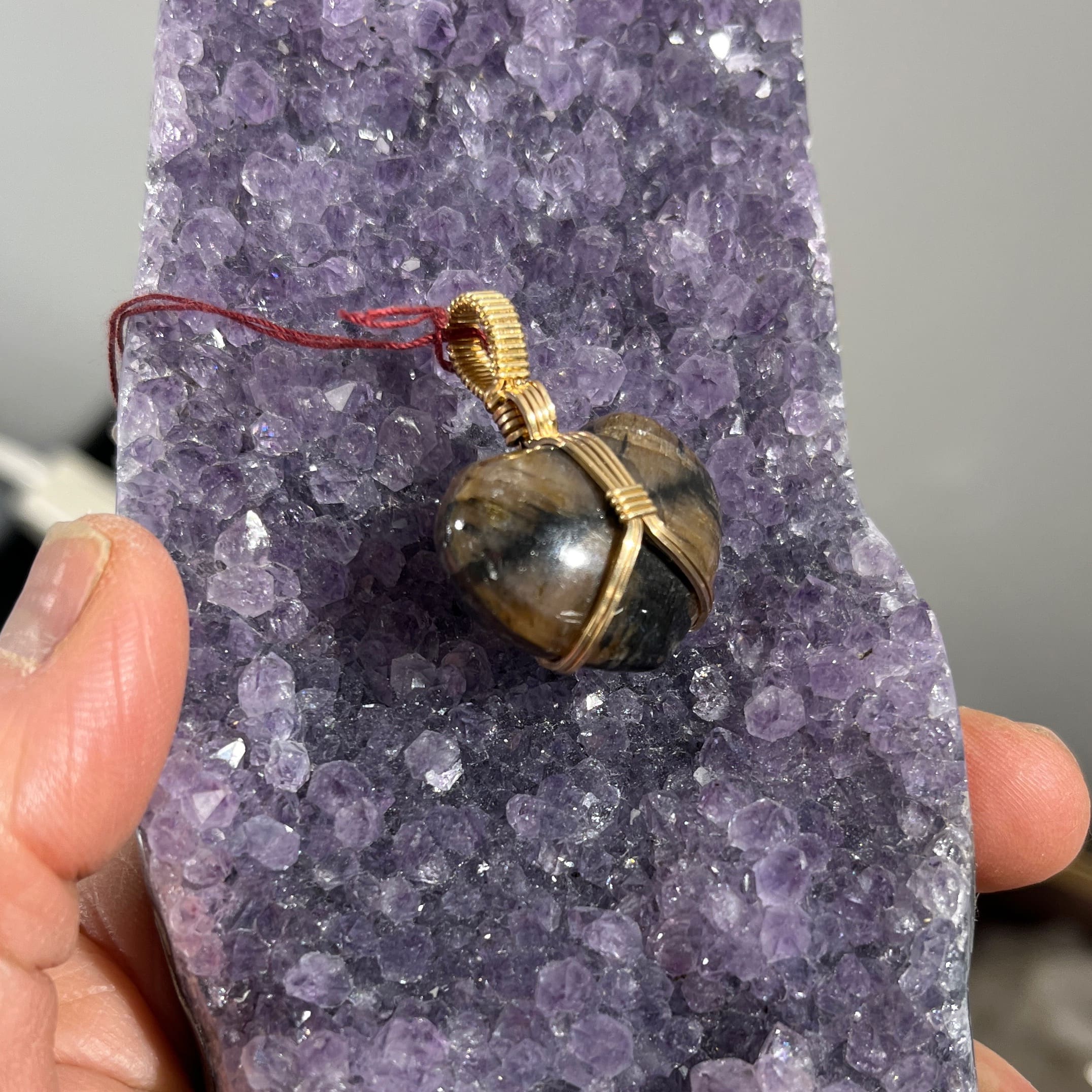 Chiastolite pendant for necklace, heart yellow GF wrapped, healing crystal