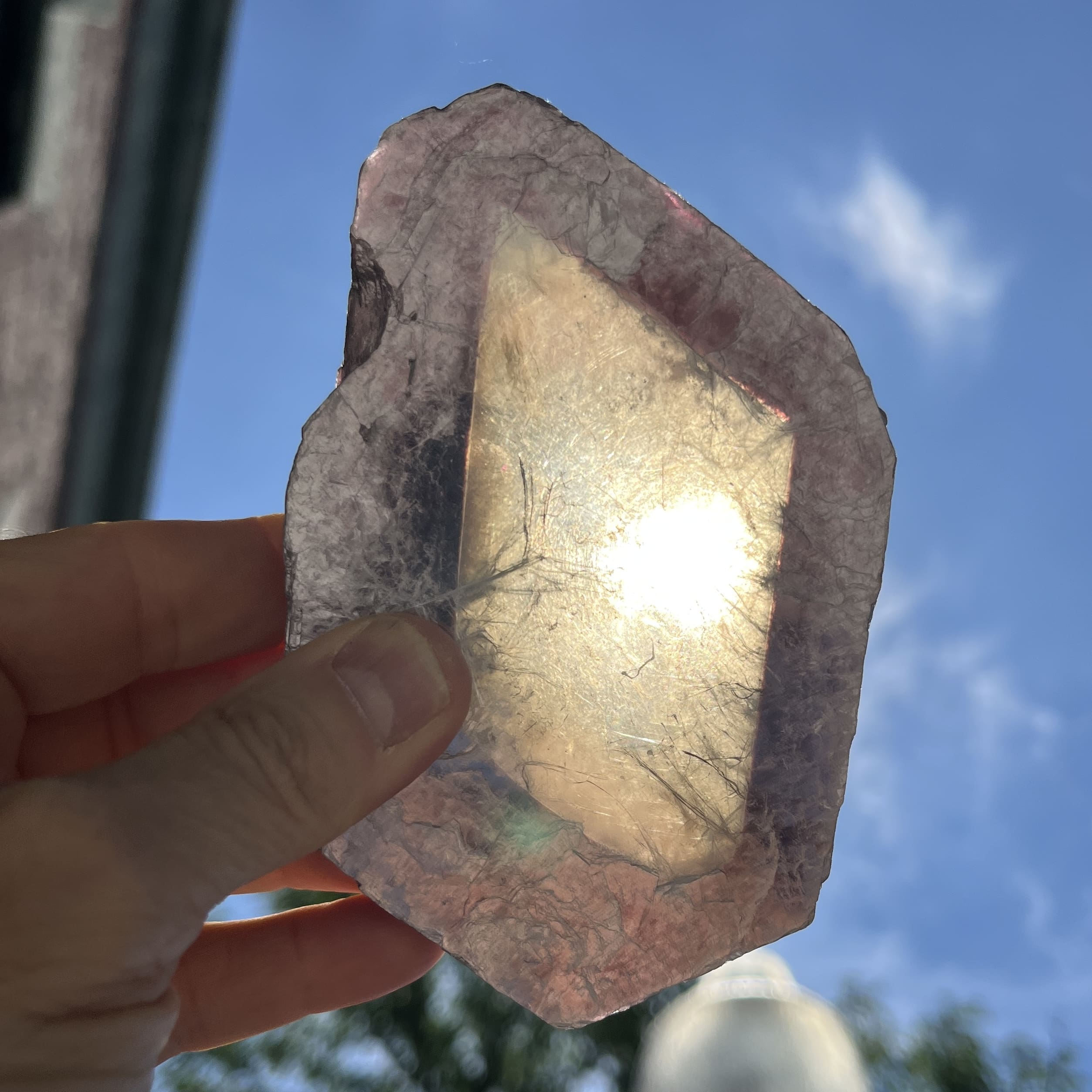 Lepidolite mica with translucent 'diamond window' slice healing crystal